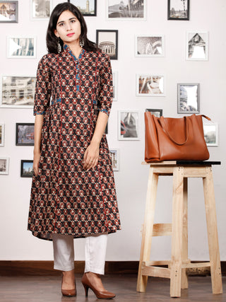 Black Ivory Maroon Indigo Hand Block Printed Kurta With Stand Collar - K84F1484
