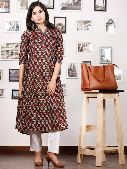 Black Ivory Maroon Indigo Hand Block Printed Kurta With Stand Collar - K84F1484