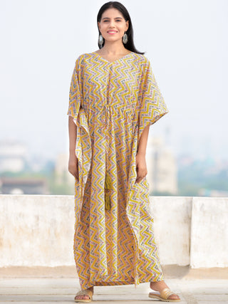 Yellow Green Pink Hand Block Printed Kaftan - K005F2301