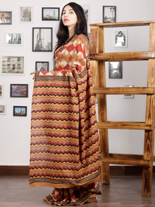 Brown Maroon Ivory Black Hand Block Printed Cotton Mul Saree - S031703011