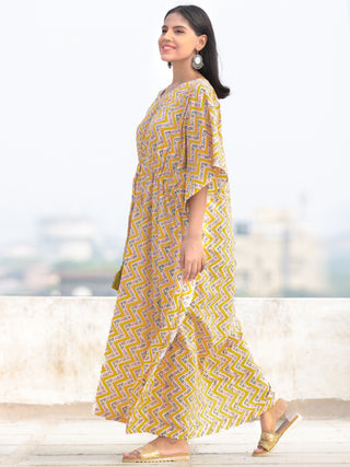 Yellow Green Pink Hand Block Printed Kaftan - K005F2301