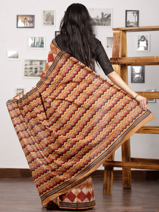 Brown Maroon Ivory Black Hand Block Printed Cotton Mul Saree - S031703011