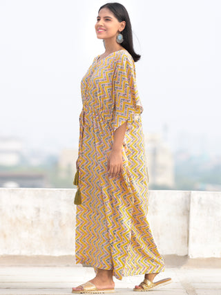 Yellow Green Pink Hand Block Printed Kaftan - K005F2301