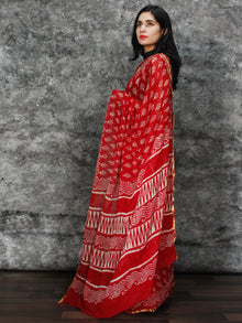 Red White Hand Block Printed Chiffon Saree with Zari Border - S031703125