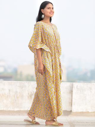 Yellow Green Pink Hand Block Printed Kaftan - K005F2301