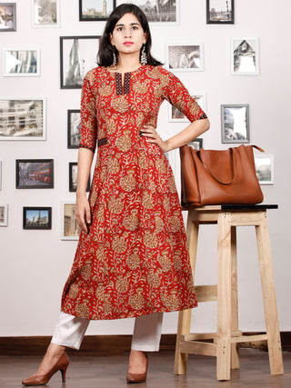 Rust Peanut Brown Black Hand Block Printed Kurta in Natural Colors - K85F1374