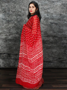 Red White Hand Block Printed Chiffon Saree with Zari Border - S031703126
