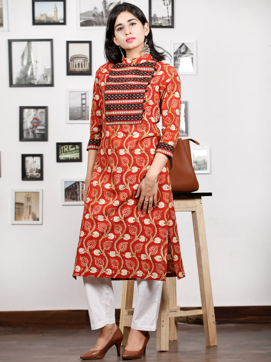 Rust Peanut Brown Black Ivory Hand Block Printed Kurta With Stand Collar - K86F1367