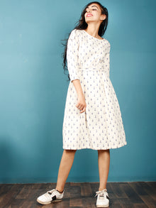 Ivory Indigo Double Ikat Handwoven Midi Dress With Belt - D247F1233
