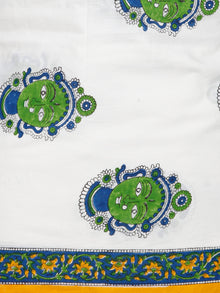 White Green Indigo  Hand Block Printed Cotton Suit-Salwar Fabric With Chiffon Dupatta (Set of 3) - SU01HB387