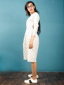 Ivory Indigo Double Ikat Handwoven Midi Dress With Belt - D247F1233