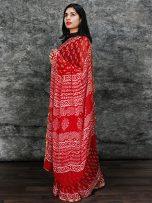 Red White Hand Block Printed Chiffon Saree with Zari Border - S031703127