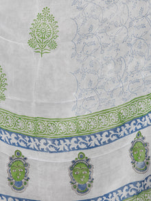 White Green Indigo  Hand Block Printed Cotton Suit-Salwar Fabric With Chiffon Dupatta (Set of 3) - SU01HB387