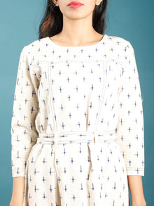 Ivory Indigo Double Ikat Handwoven Midi Dress With Belt - D247F1233