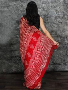 Red White Hand Block Printed Chiffon Saree with Zari Border - S031703127