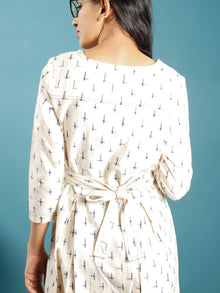 Ivory Indigo Double Ikat Handwoven Midi Dress With Belt - D247F1233