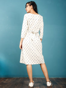Ivory Indigo Double Ikat Handwoven Midi Dress With Belt - D247F1233