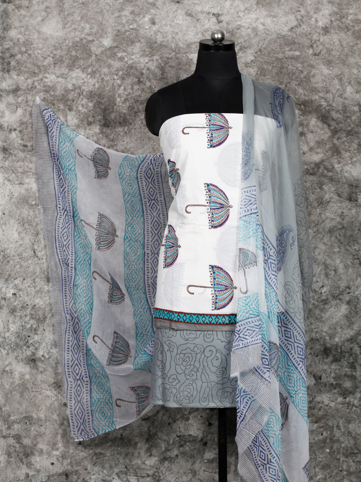 White Grey SkyBlue Hand Block Printed Cotton Suit-Salwar Fabric With Chiffon Dupatta (Set of 3) - SU01HB388