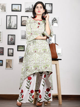 White Green Maroon Hand Block Printed Asymmetric Kurta With Culottes (Set of 2) - D285F1494