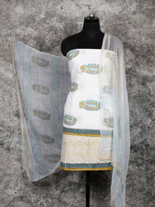 White Mustard SkyBlue  Hand Block Printed Cotton Suit-Salwar Fabric With Chiffon Dupatta (Set of 3) - SU01HB389