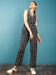 Black White Ikat Handwoven Jumpsuit With Belt And Back Zip - D249F1262