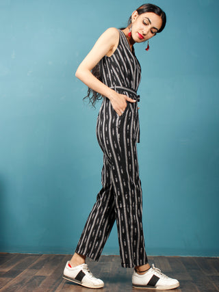 Black White Ikat Handwoven Jumpsuit With Belt And Back Zip - D249F1262