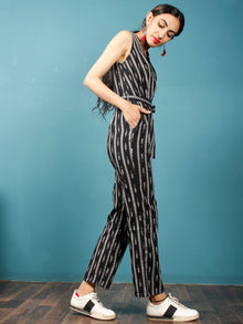 Black White Ikat Handwoven Jumpsuit With Belt And Back Zip - D249F1262