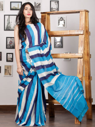 Black White Blue Ikat Handwoven Pochampally Mercerized Cotton Saree - S031701426
