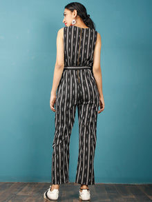 Black White Ikat Handwoven Jumpsuit With Belt And Back Zip - D249F1262