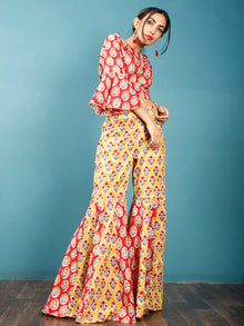 Red Yellow White Indigo Hand Block Printed Crop Top And Sharara Dress (Set of 2) - D250F774