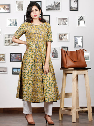 Mustard Yellow Green Indigo Ivory Hand Block Printed Kurta  - K64F1309