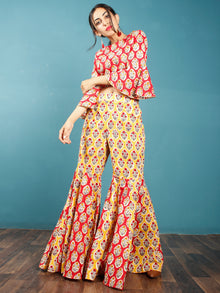 Red Yellow White Indigo Hand Block Printed Crop Top And Sharara Dress (Set of 2) - D250F774