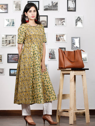 Mustard Yellow Green Indigo Ivory Hand Block Printed Kurta  - K64F1309