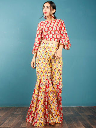 Red Yellow White Indigo Hand Block Printed Crop Top And Sharara Dress (Set of 2) - D250F774