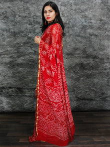 Red White Hand Block Printed Chiffon Saree with Zari Border - S031703129