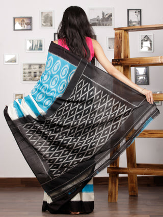 Sky Blue Ivory Black Ikat Handwoven Pochampally Mercerized Cotton Saree - S031701578