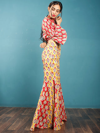 Red Yellow White Indigo Hand Block Printed Crop Top And Sharara Dress (Set of 2) - D250F774
