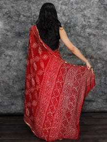 Red White Hand Block Printed Chiffon Saree with Zari Border - S031703129