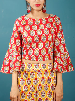 Red Yellow White Indigo Hand Block Printed Crop Top And Sharara Dress (Set of 2) - D250F774