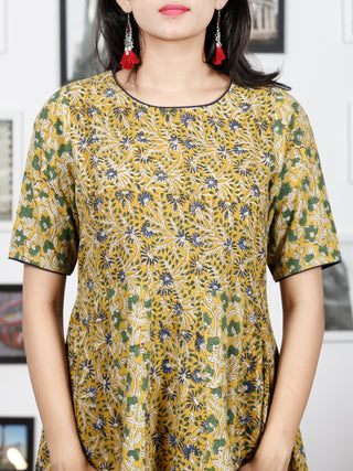 Mustard Yellow Green Indigo Ivory Hand Block Printed Kurta  - K64F1309