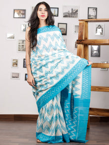 Sky Blue White Ikat Handwoven Pochampally Mercerized Cotton Saree - S031701415