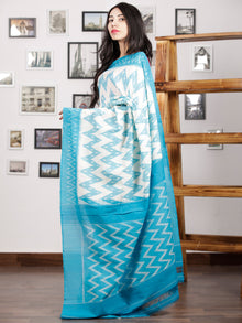 Sky Blue White Ikat Handwoven Pochampally Mercerized Cotton Saree - S031701415
