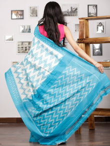 Sky Blue White Ikat Handwoven Pochampally Mercerized Cotton Saree - S031701415
