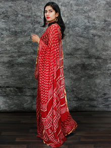 Red White Hand Block Printed Chiffon Saree with Zari Border - S031703130