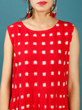 Red White Long Sleeveless Handwoven Double Ikat Dress With Knife Pleats & Side Pockets - D32F1018