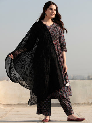 Ajrakh Amara - Set of Anarkali Kurta Palazzo & Dupatta - KS131A2513D