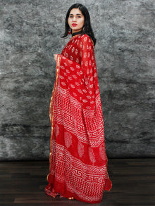 Red White Hand Block Printed Chiffon Saree with Zari Border - S031703131