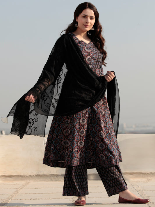 Ajrakh Amara - Set of Anarkali Kurta Palazzo & Dupatta - KS131A2513D