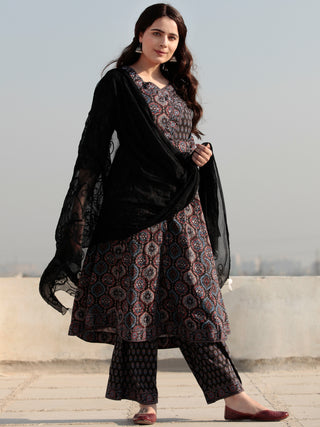 Ajrakh Amara - Set of Anarkali Kurta Palazzo & Dupatta - KS131A2513D