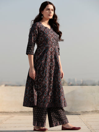 Ajrakh Amara - Set of Anarkali Kurta Palazzo & Dupatta - KS131A2513D